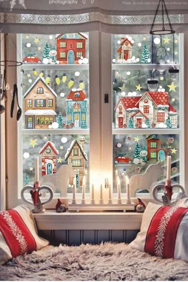 Christmas New Year Snowy City Snowy Houses Glass Wall Door Sticker Set