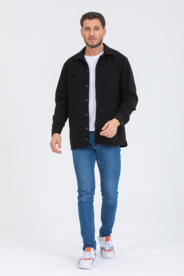 Regular Fit Erkek Çift Cepli Siyah Kaşe Oduncu Gömlek - 2