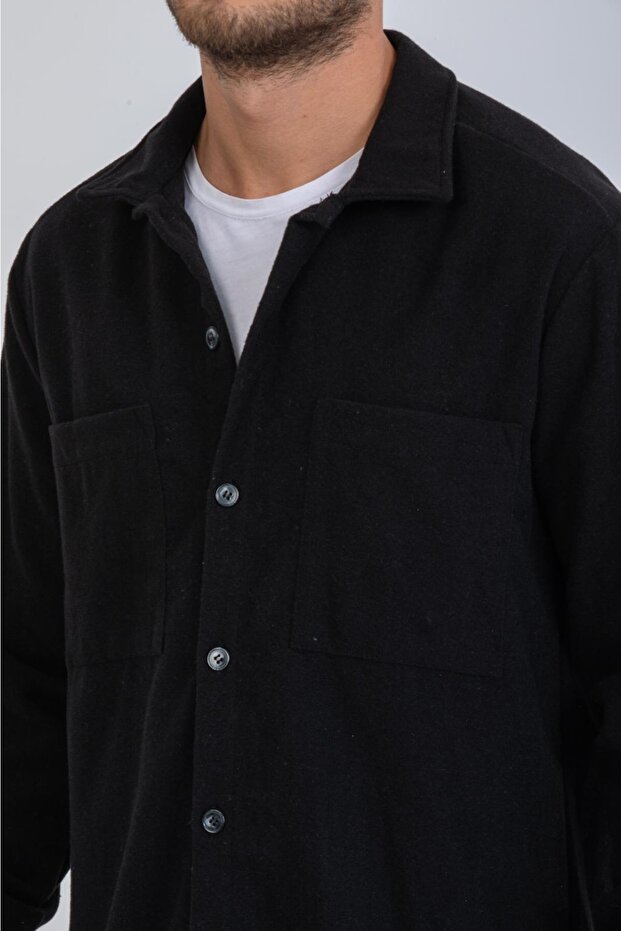 Regular Fit Erkek Çift Cepli Siyah Kaşe Oduncu Gömlek - 7