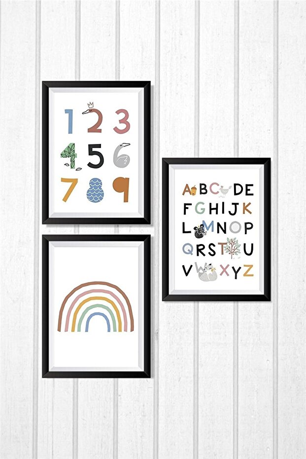 3 Piece Wooden Frame Look Alphabet Wall Decor - Painting Set for Kids Room Kindergarten