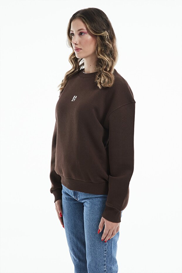 Eazy Basic Oversize Unisex Koyu Kahve Bisiklet Yaka Kalın Sweatshirt - 3