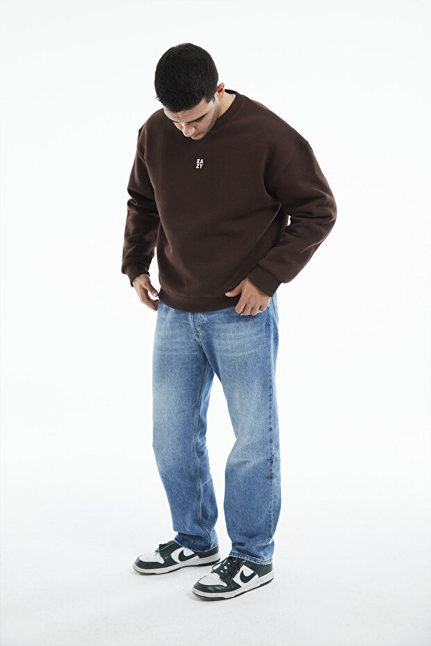 Eazy Basic Oversize Unisex Koyu Kahve Bisiklet Yaka Kalın Sweatshirt - 6