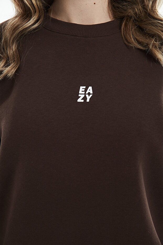 Eazy Basic Oversize Unisex Koyu Kahve Bisiklet Yaka Kalın Sweatshirt - 7