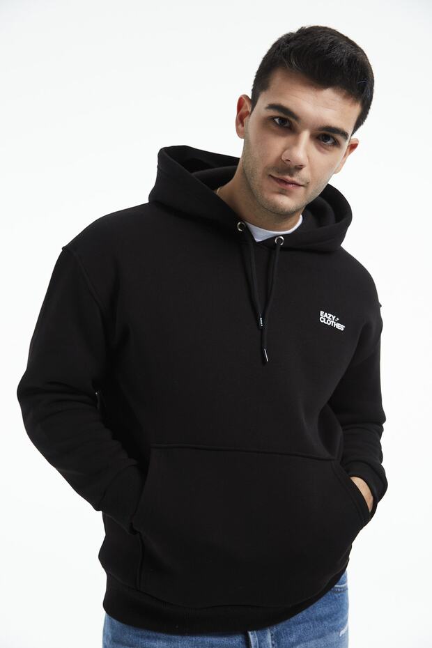 Eazy Basic Oversize Unisex Premium Siyah Kapüşonlu Kalın Hoodie - 1