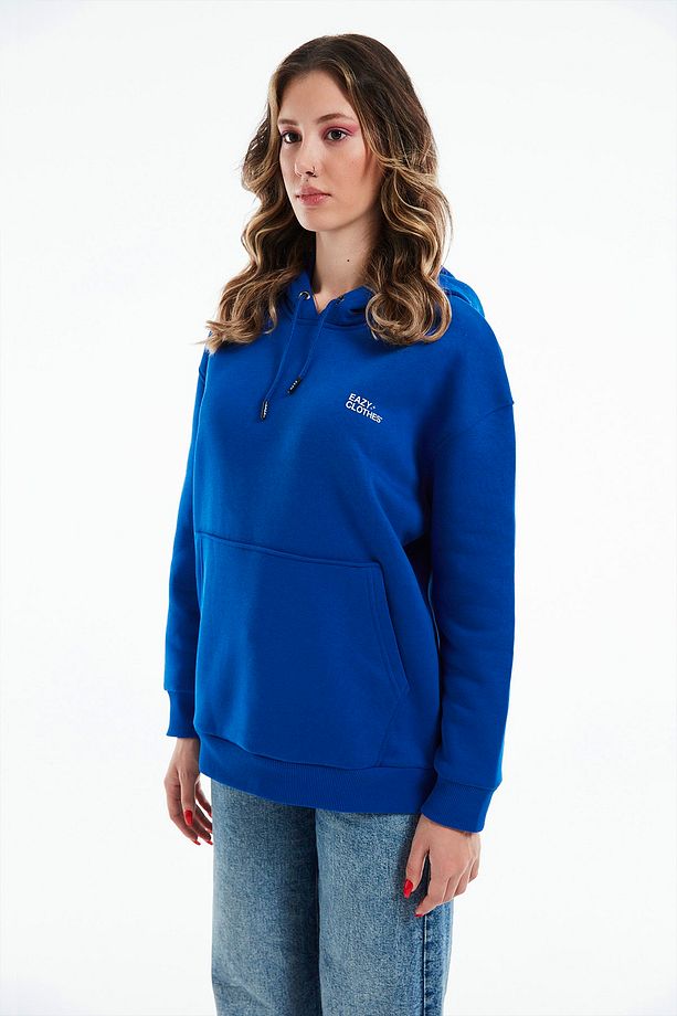 Eazy Basic Oversize Unisex Premium Saks Mavi Kapüşonlu Kalın Hoodie - 3