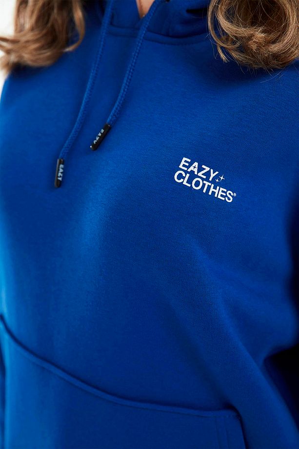 Eazy Basic Oversize Unisex Premium Saks Mavi Kapüşonlu Kalın Hoodie - 7