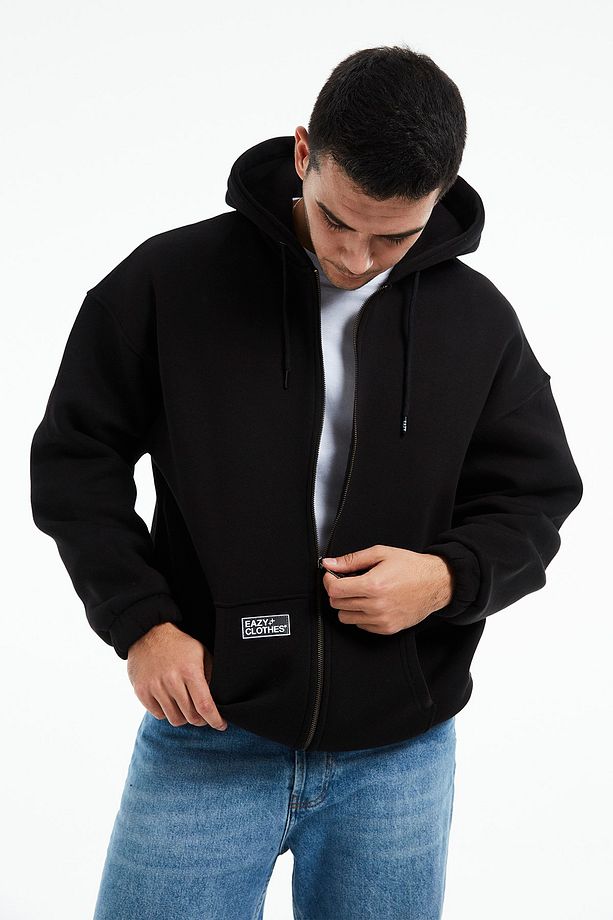 Eazy Premium Oversize Kapüşonlu Ceket Unisex Siyah Kalın Hırka - 4
