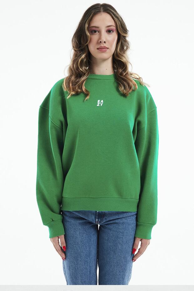 Eazy Basic Oversize Unisex Yeşil Bisiklet Yaka Kalın Sweatshirt - 1