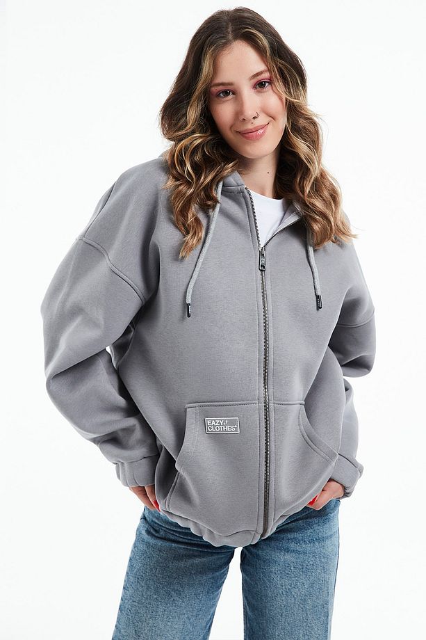 Eazy Premium Oversize Kapüşonlu Ceket Unisex Gri Kalın Hırka - 4