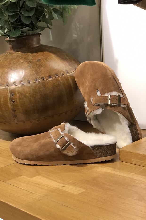 Oslo Cork Sole Suede Genuine Fur Slippers