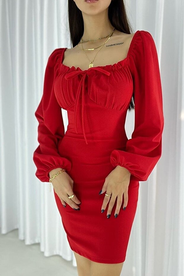 Flexible Crepe Fabric Tie-Up Strapless Neck Long Sleeve Mini Evening Dress 581890