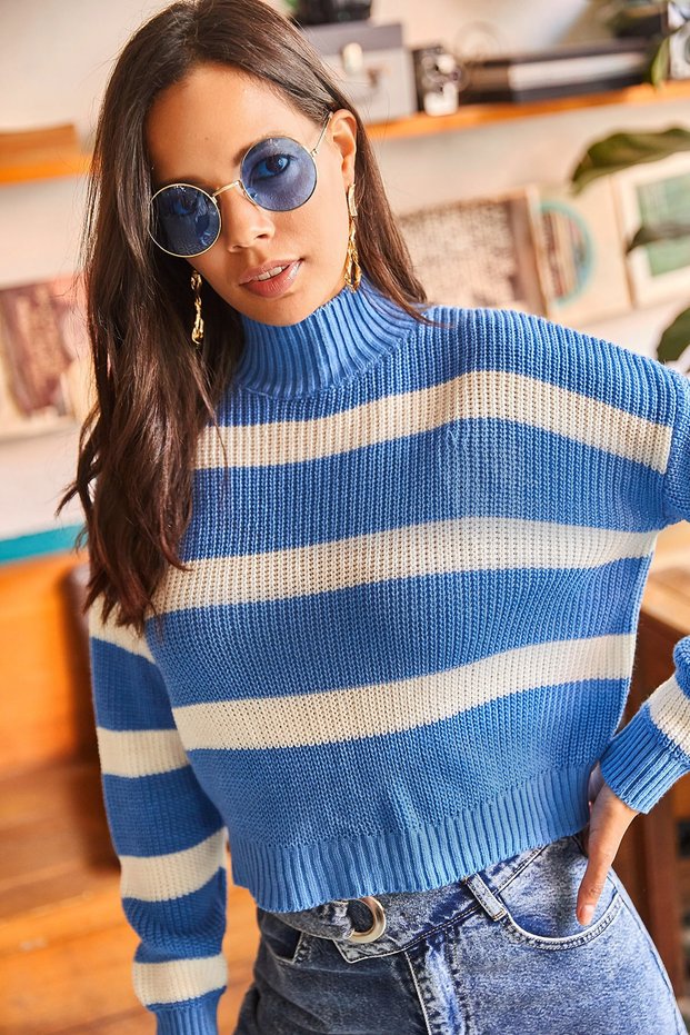 Women's Blue Striped Half Fisherman Crop Knitwear Sweater KZK-19000402