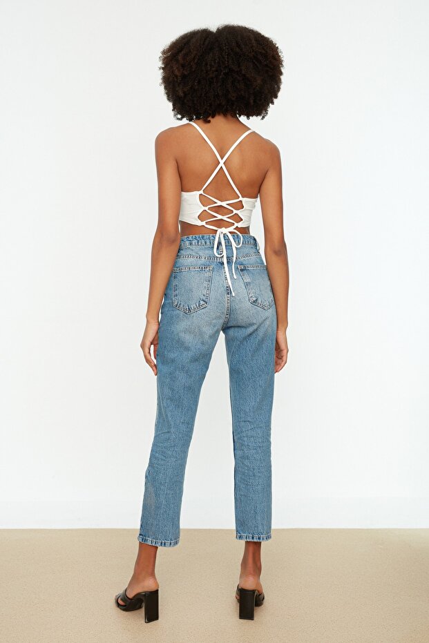 Niebieskie, rozdarte, proste jeansy z wysokim stanem TWOSS22JE0431 - 5