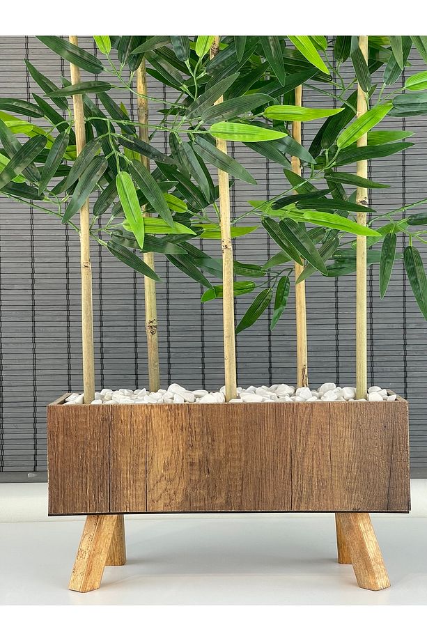 Ahşap Ayaklı 40cm Saksılı 5 Gövde 125cm Dikdörtgen Model Yapay Yapraklı Dekoratif Bambu Seperatör - 5