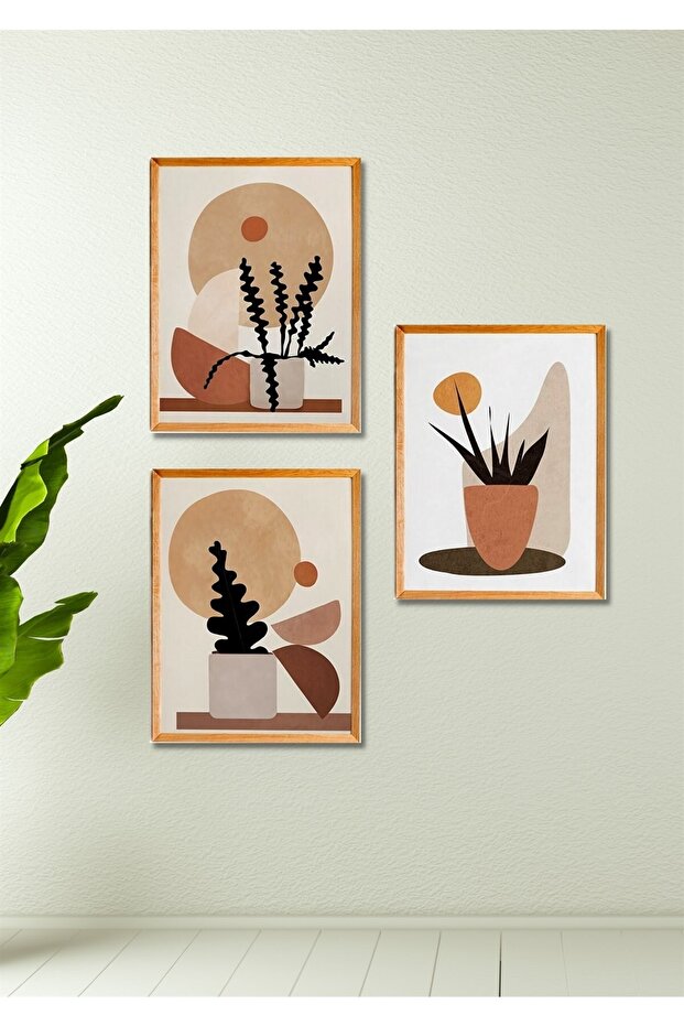 3 Parça Ahşap Çerçeve Görünümlü Retro Saksı Duvar Dekoru - Salon Mutfak Yatak Odası Için Tablo Seti - 5