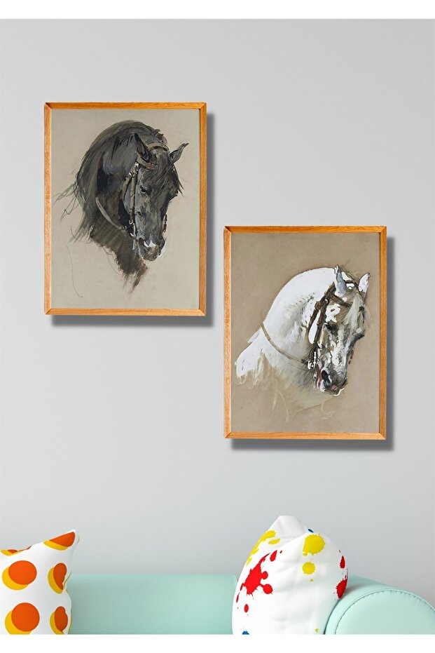 2 Piece Wood Frame Look Noble Horses Wall Decor - Painting Set for Living Room Kitchen Bedroom