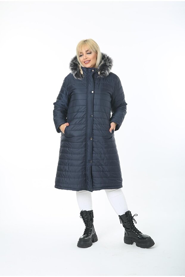 Women's Navy Blue Puffer Quilted Large Size Coat