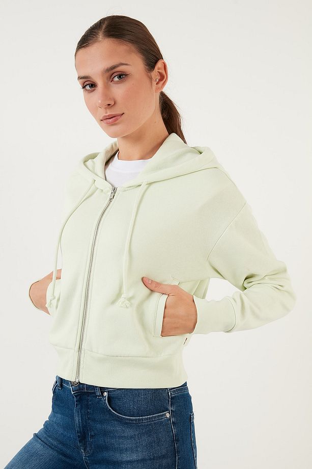 Pamuklu Fermuarlı Kapüşonlu Crop Sweat Sweat A1930 - 3