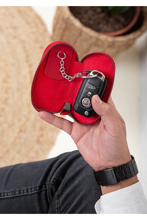 Leather Red Zippered Home Car Keychain