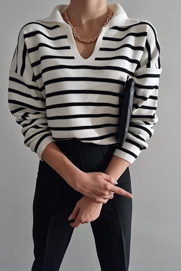 Women's Ecru Striped 1stQuality Polo Collar Basic Knitwear Sweater
