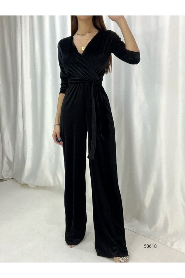 Women's Wide Leg Belted Velvet Fabric Jumpsuit Dress