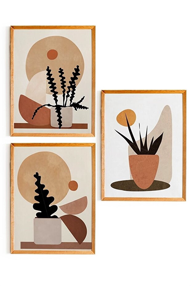 3 Parça Ahşap Çerçeve Görünümlü Retro Saksı Duvar Dekoru - Salon Mutfak Yatak Odası Için Tablo Seti - 2