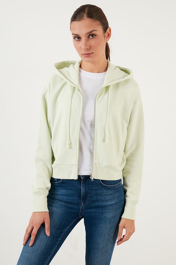 Pamuklu Fermuarlı Kapüşonlu Crop Sweat Sweat A1930 - 2
