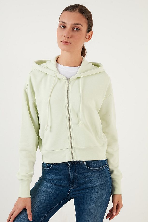Pamuklu Fermuarlı Kapüşonlu Crop Sweat Sweat A1930 - 4