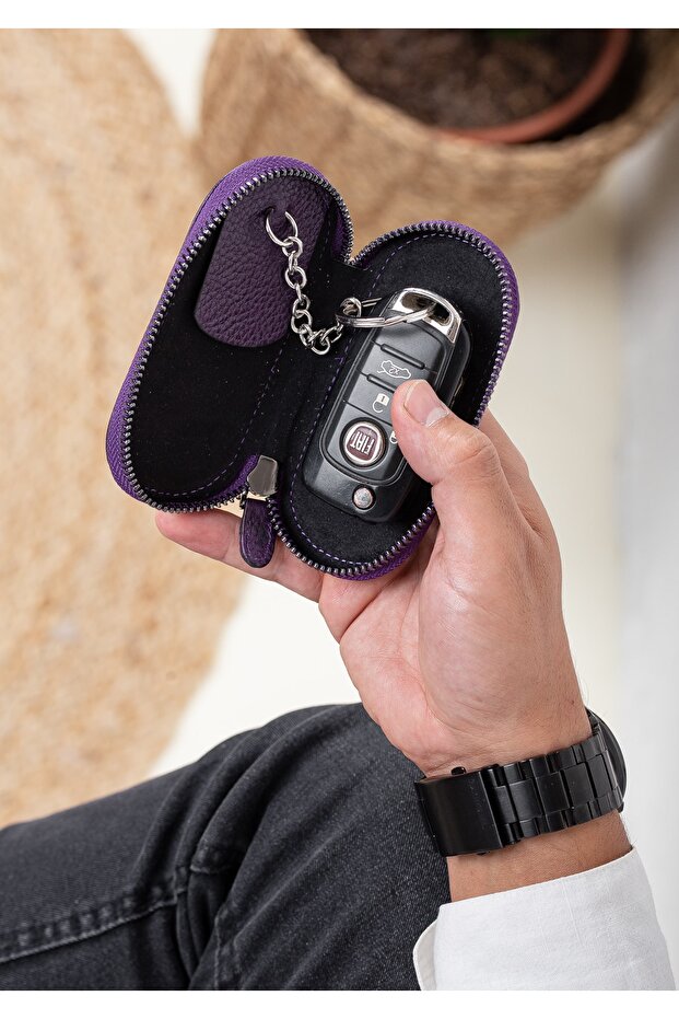 Genuine Leather Plum Zippered Home Car Keychain