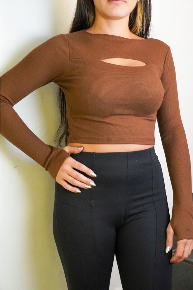 Brown Cut Out Detailed Crop Knitted Blouse