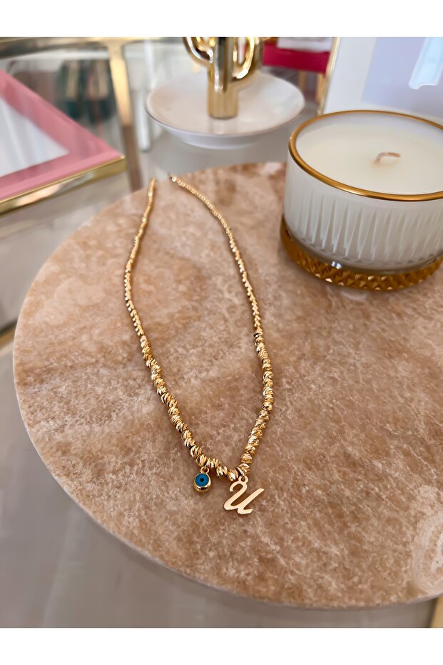 Dorica Necklace with Letter U and Evil Eye Detail