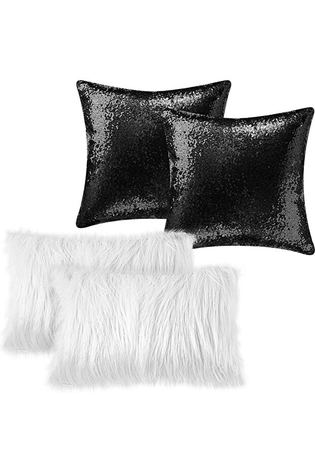 4 Piece 30x50 White Plush And 43x43 Black Sequined Throw Pillow Case