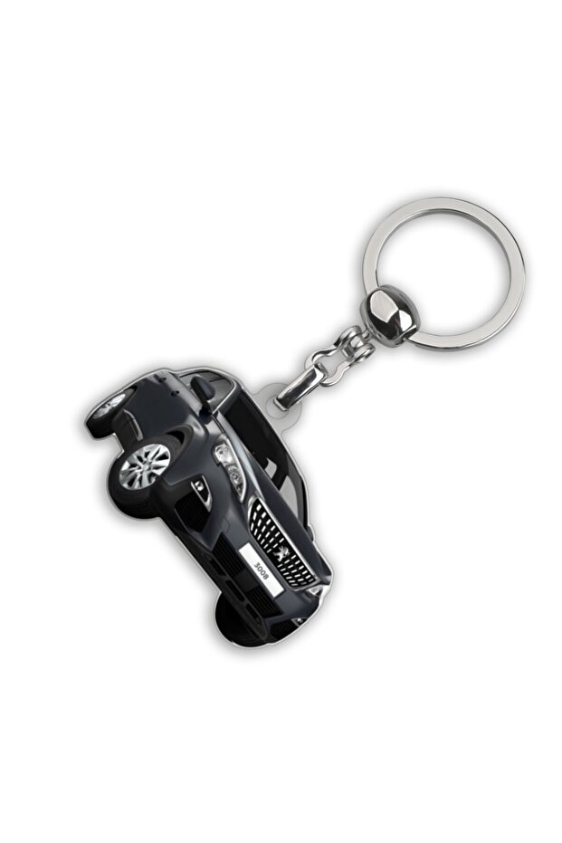 Gray Peugeot 3008 Metal Car Keychain with Drop Logo - Chrome Plated