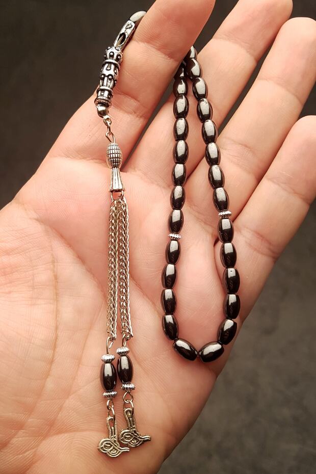 Men's 5X8Mm Barley Cut Tuğra Model Hematite Rosary, Natural Stone Rosary