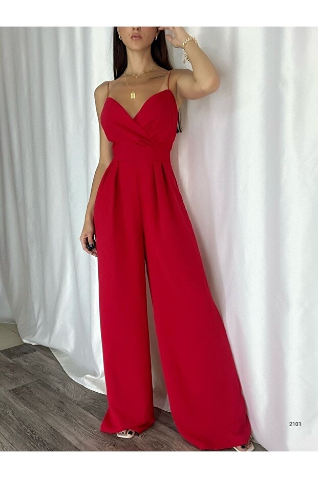Red Crepe Fabric Strappy Double-Breasted Collar Evening Jumpsuit