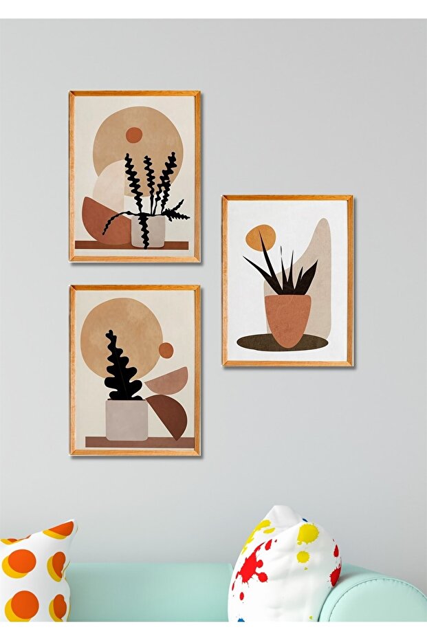 3 Parça Ahşap Çerçeve Görünümlü Retro Saksı Duvar Dekoru - Salon Mutfak Yatak Odası Için Tablo Seti - 4