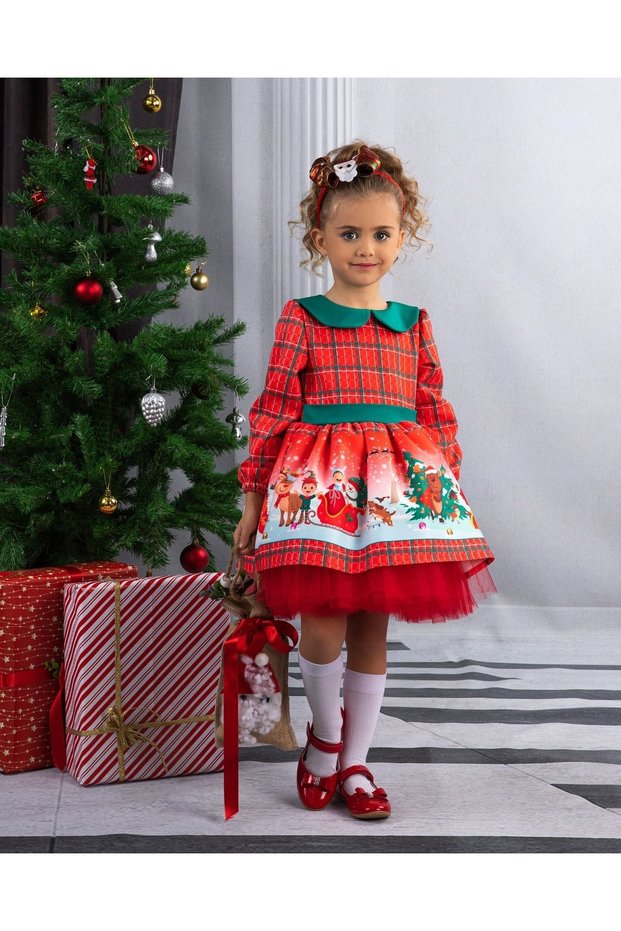 Girl's Baby Collared New Year Themed Fluffy Tulle Dress