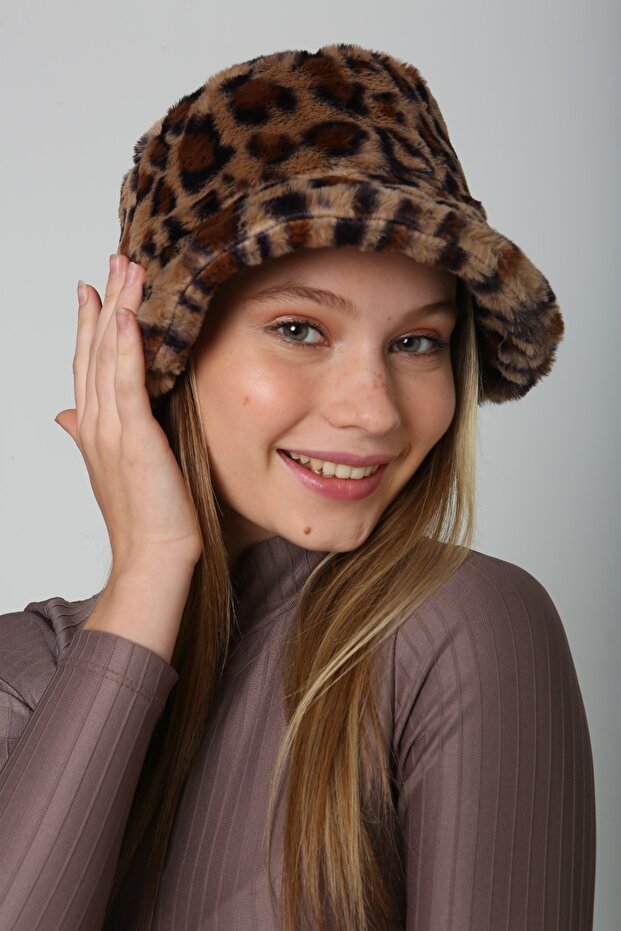 Dark Brown Plush Bucket - Leopard Patterned Women's Hat