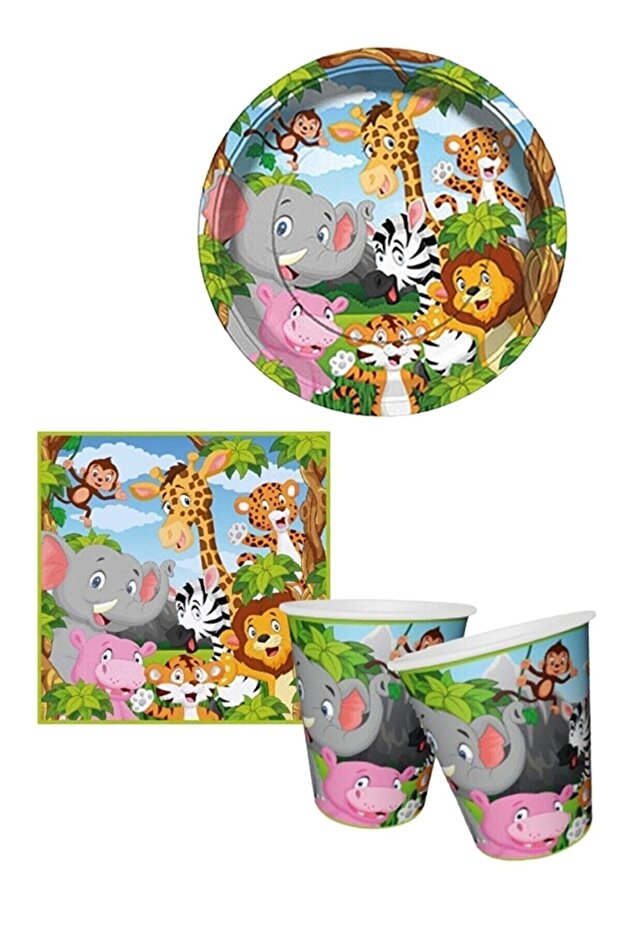Safari Birthday Concept Licensed Plate - Cup - Napkin Set for 16 People