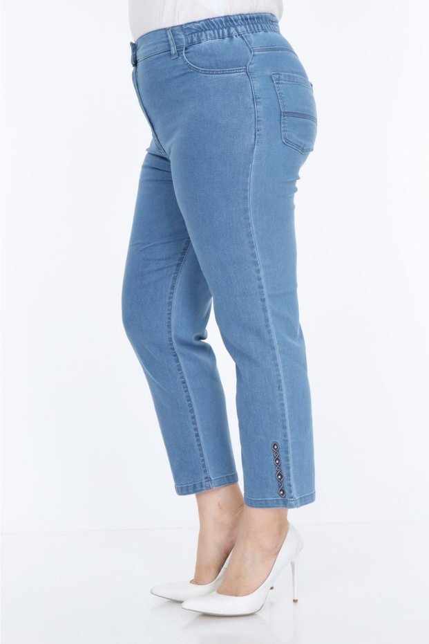 Large Size High Waist Patch Embroidered Lycra Ankle Length Zippered and Buttoned Ice Blue Denim Trousers