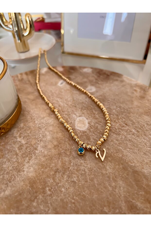 Dorika Necklace with V Letter and Evil Eye Detail
