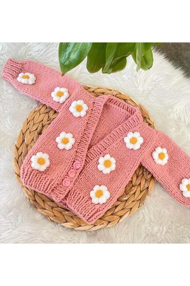 Girl's Hand Knitted Crop Cardigan with Daisy Flowers