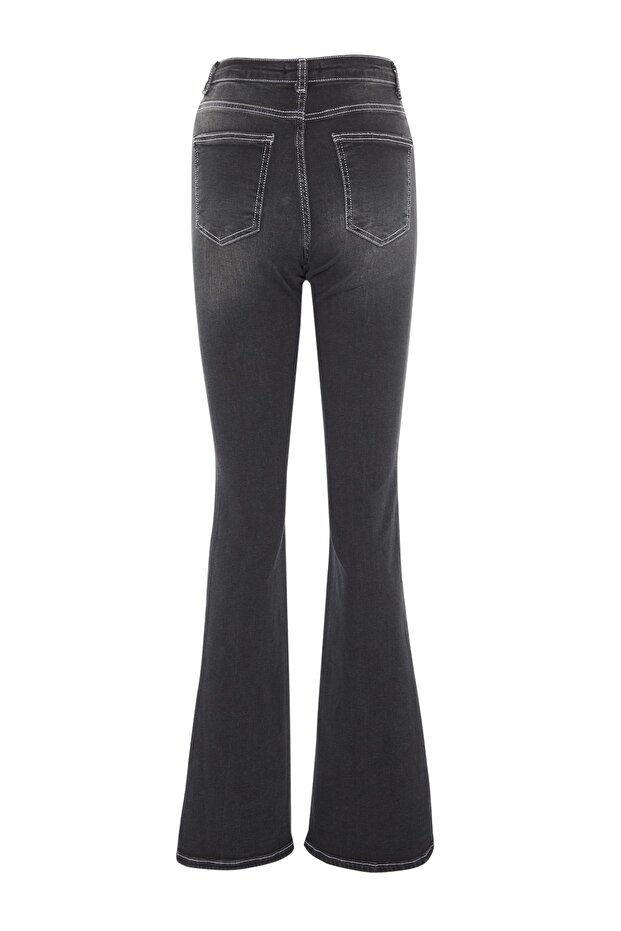 Siyah Kontrast Dikişli Yüksek Bel Orta Esnek Flare İspanyol Jeans TWOSS22JE0460 - 9