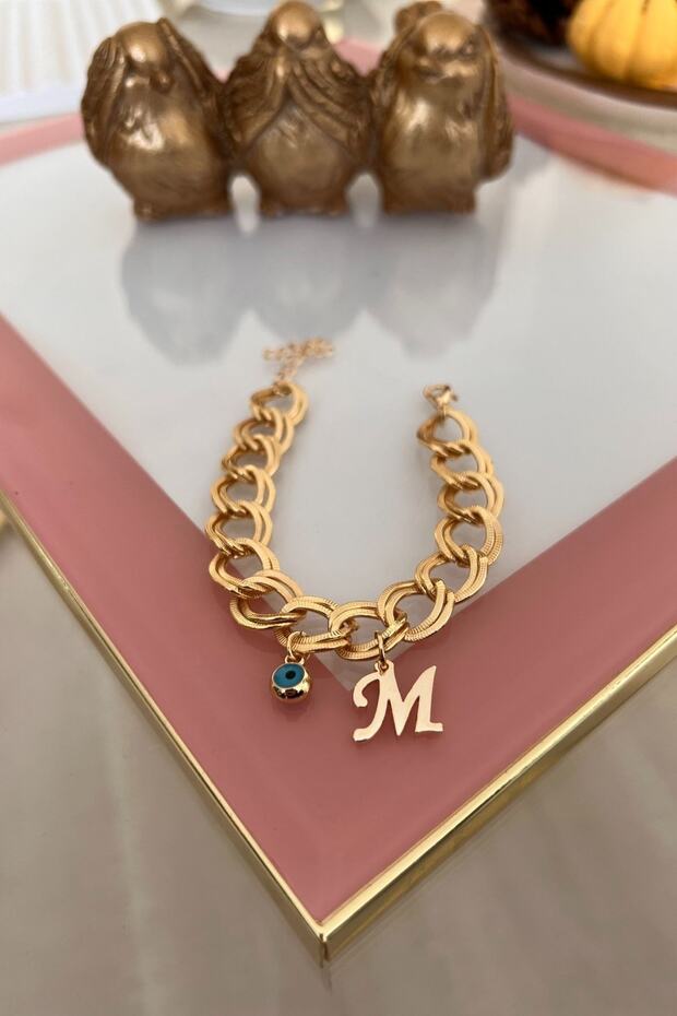 Double Chain Bracelet with Letter m and Evil Eye Hanging