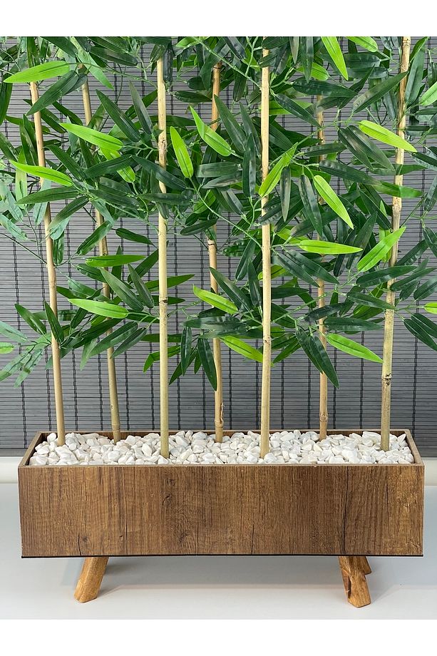 Ahşap Ayaklı 60cm Saksılı 7 Gövde 125cm Dikdörtgen Model Yapay Yapraklı Dekoratif Bambu Seperatör - 2