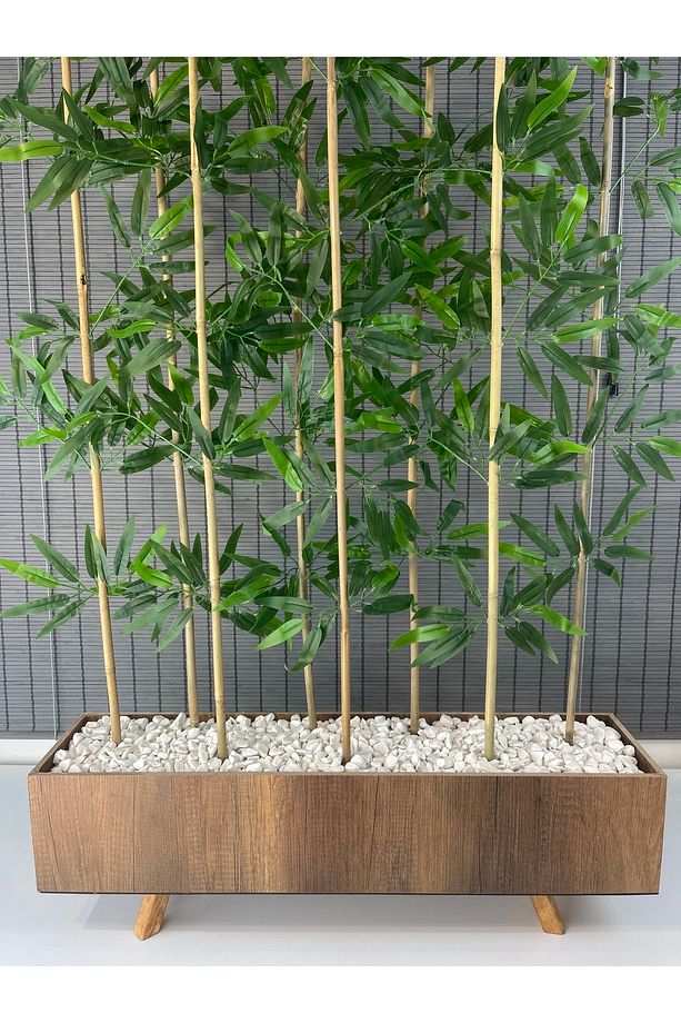 Ahşap Ayaklı 80cm Saksılı 8 Gövde 150cm Dikdörtgen Model Yapay Yapraklı Dekoratif Bambu Seperatör - 4