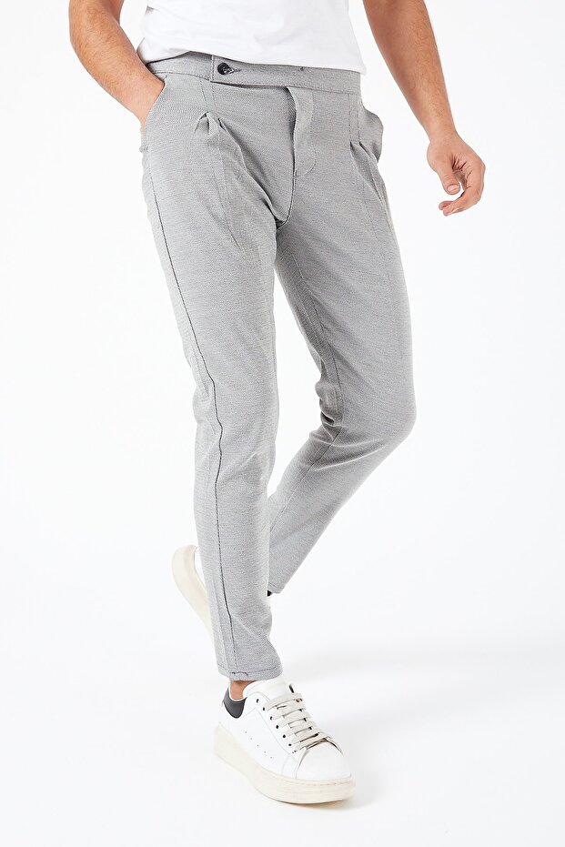 Men's Gray Slim Fit Pleated Button Detailed Linen Trousers