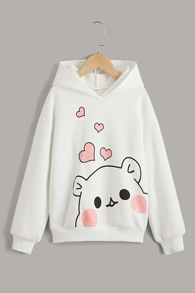Kids Girl Heart Cute Teddy Bear Hooded White Sweatshirt