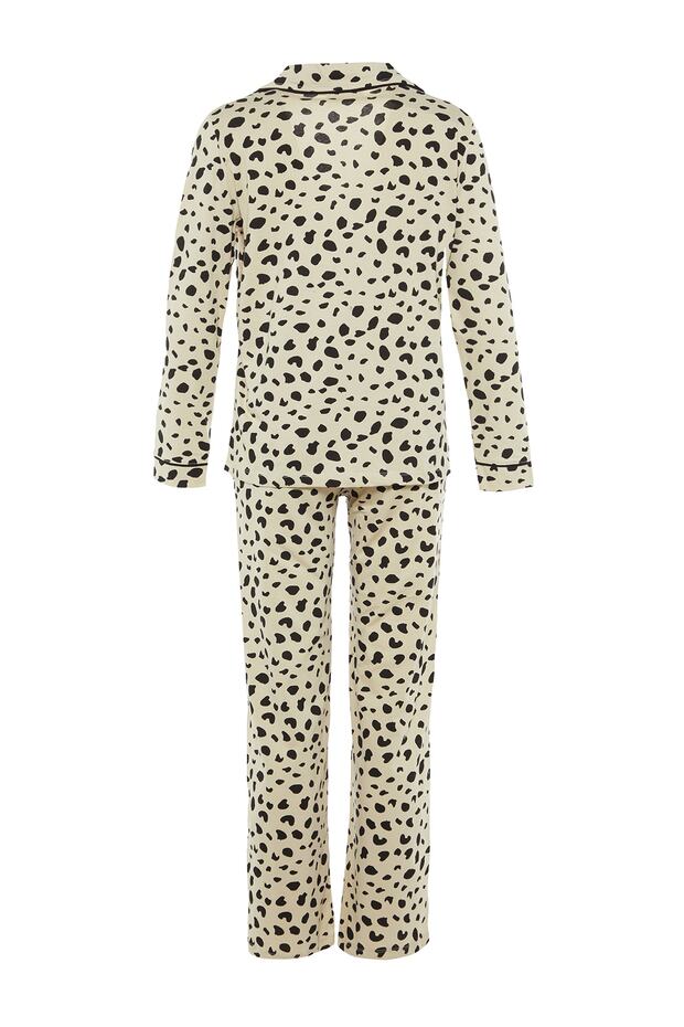 Bej %100 Pamuklu Leopar Desenli Gömlek-Pantolon Örme Pijama Takımı THMAW21PT0489 - 11