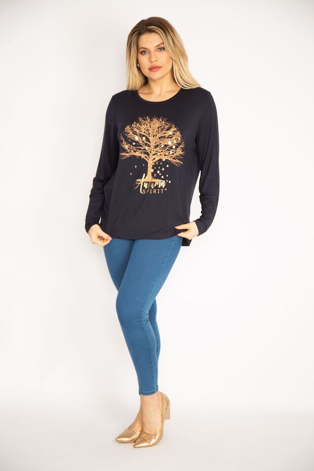 Women's Large Size Navy Blue Print Detailed Viscose Blouse 65n30456